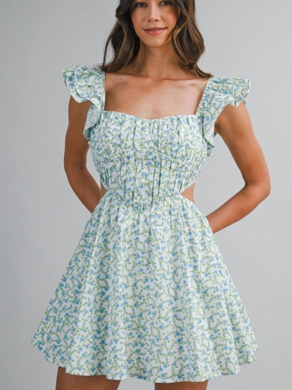 NWT Blue & Green Floral Pattern Print Ruffle Flutter Sleeve Waist Mini Dress